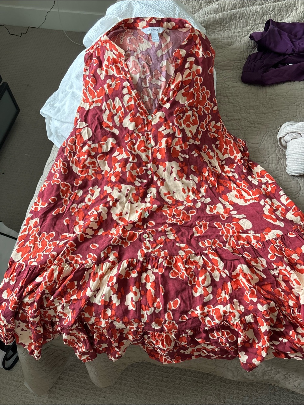 Nine West Red & Cream Floral-Print Button Blouse